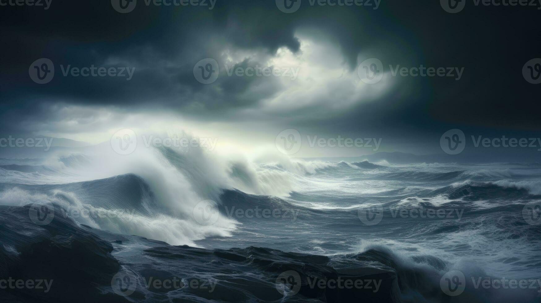 AI generated Dark clouds, swirling mist, stormy sea. photo