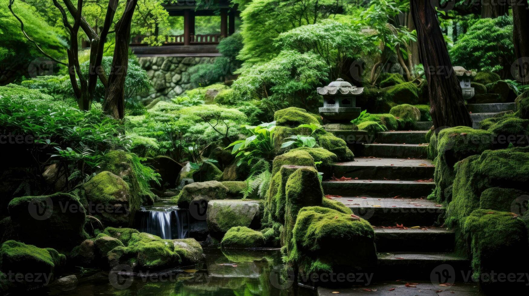 AI generated Lush green foliage cascading over ancient weathered stones in a tranquil garden setting. photo