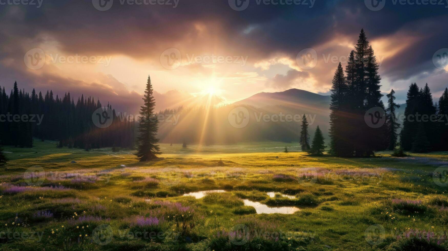 AI generated Rays of sunlight piercing through dense clouds, casting an ethereal glow on a serene meadow. photo