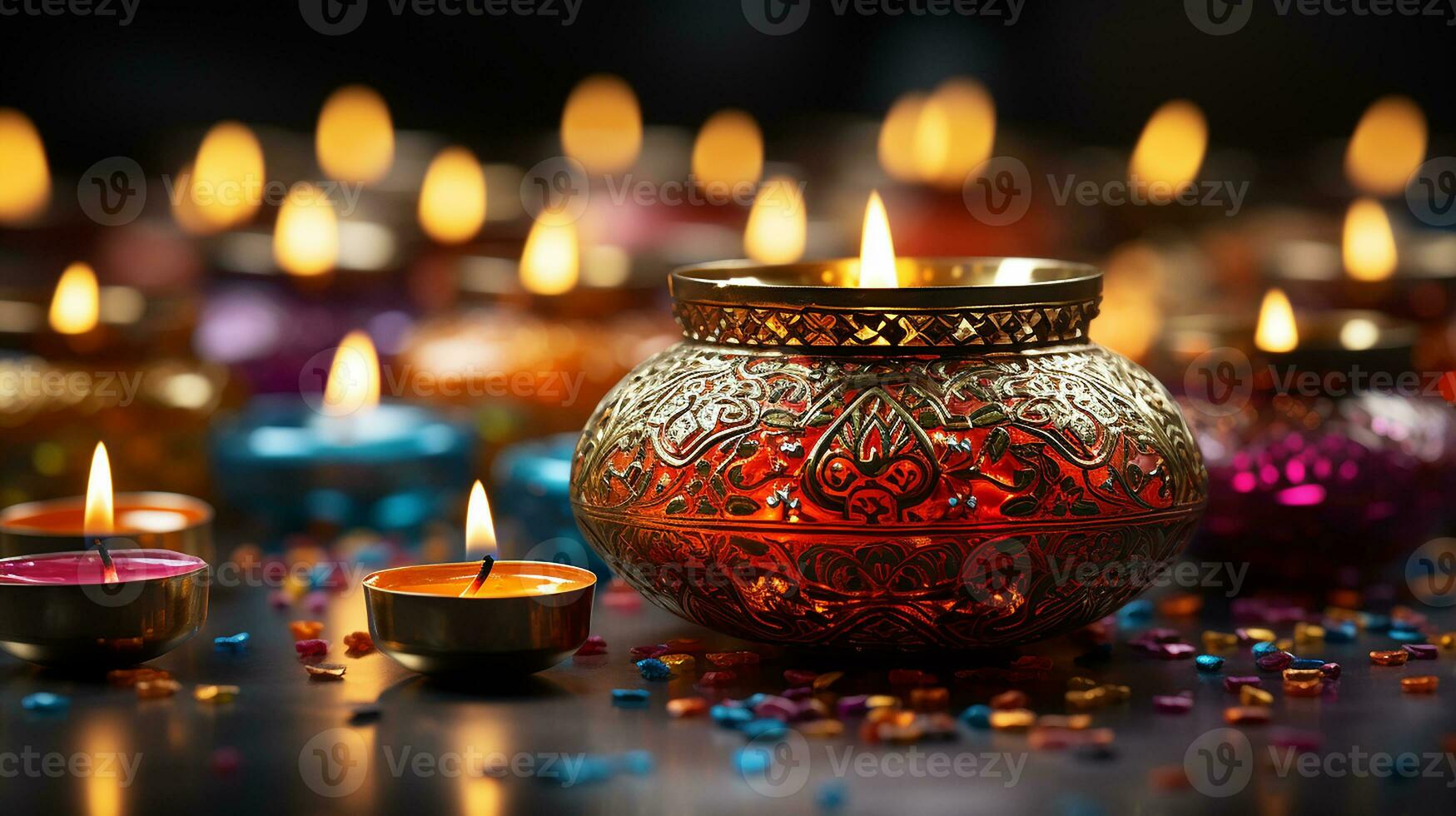 AI generated Diwali festival poster. Diwali holiday shiny background with diya lamps and rangoli, Generative AI. photo