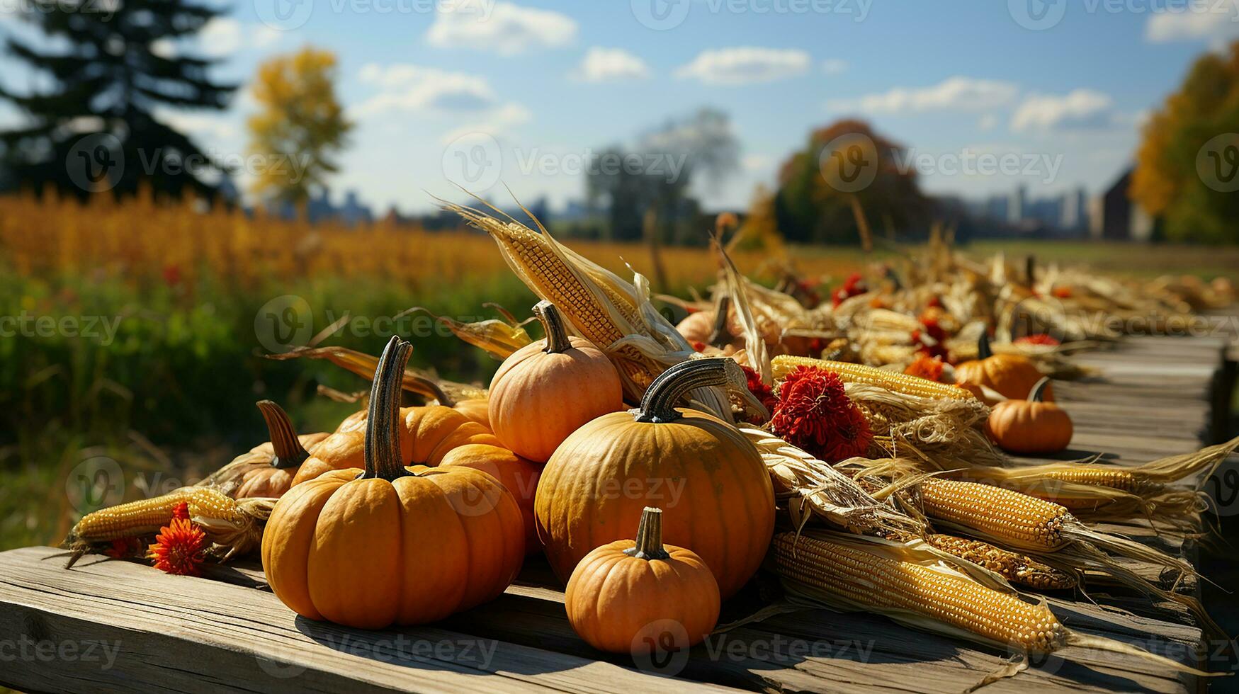 AI generated Basket Of Pumpkins, Apples And Corn On Harvest Table With Field Trees And Sky Background, by AI photo
