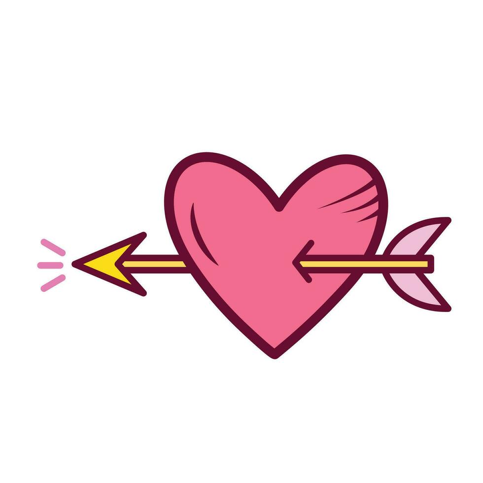 Pink heart pierced with cupid's golden arrow colored vector illustration icon with outline isolated on white square background. Simple flat minimalist art styled cartoon valentine themed drawing.