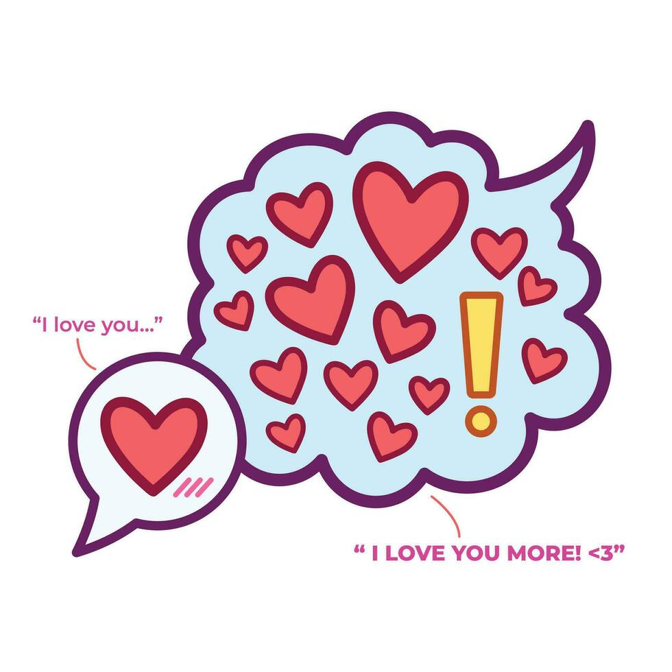 I love your more. Red hearts in cloud speech bubble colored vector illustration icon outlined isolated on white square background. Simple flat minimalist art styled cartoon drawing. Love expression.
