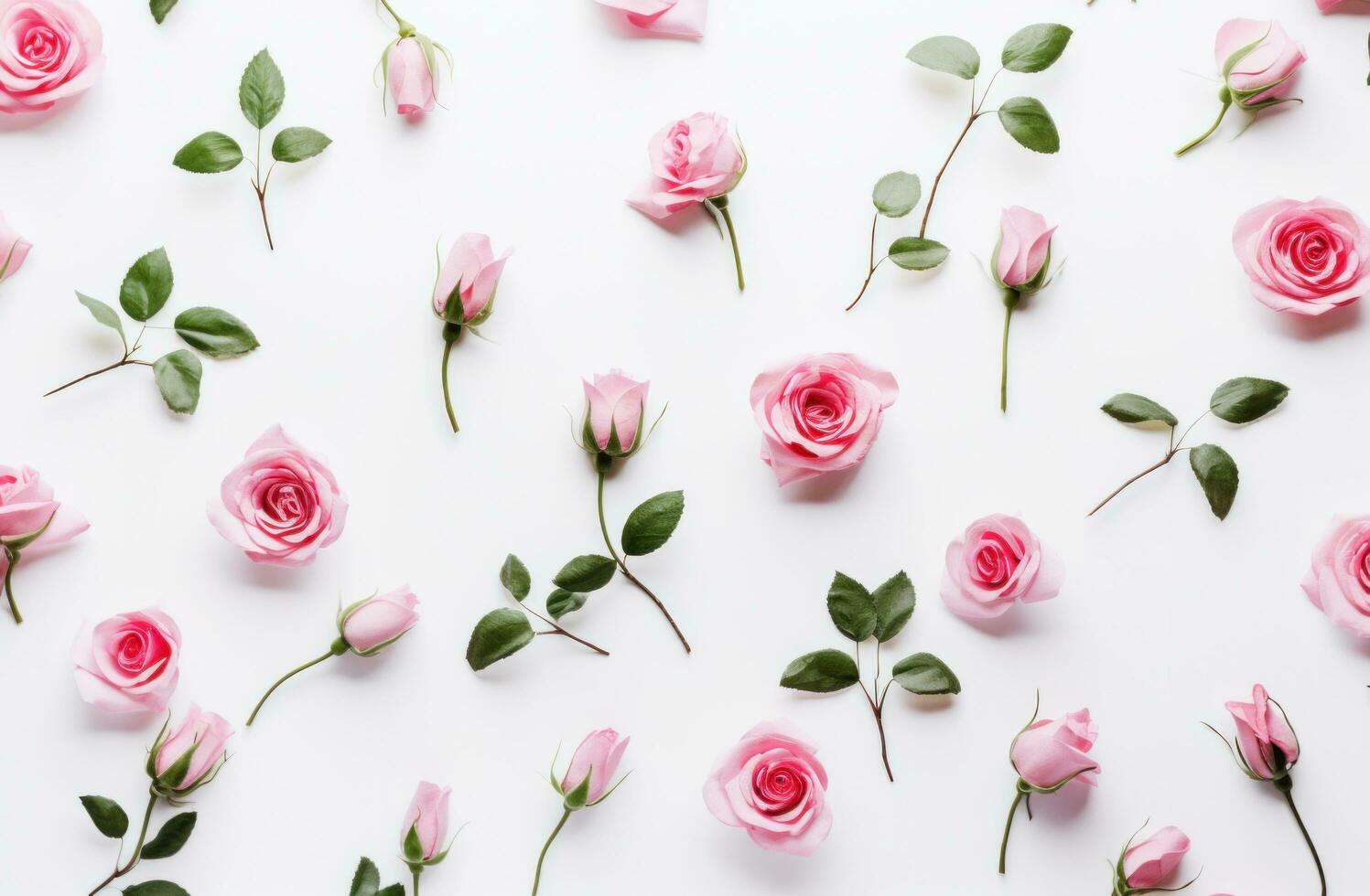 AI generated pink roses and leaves on a white background, photo