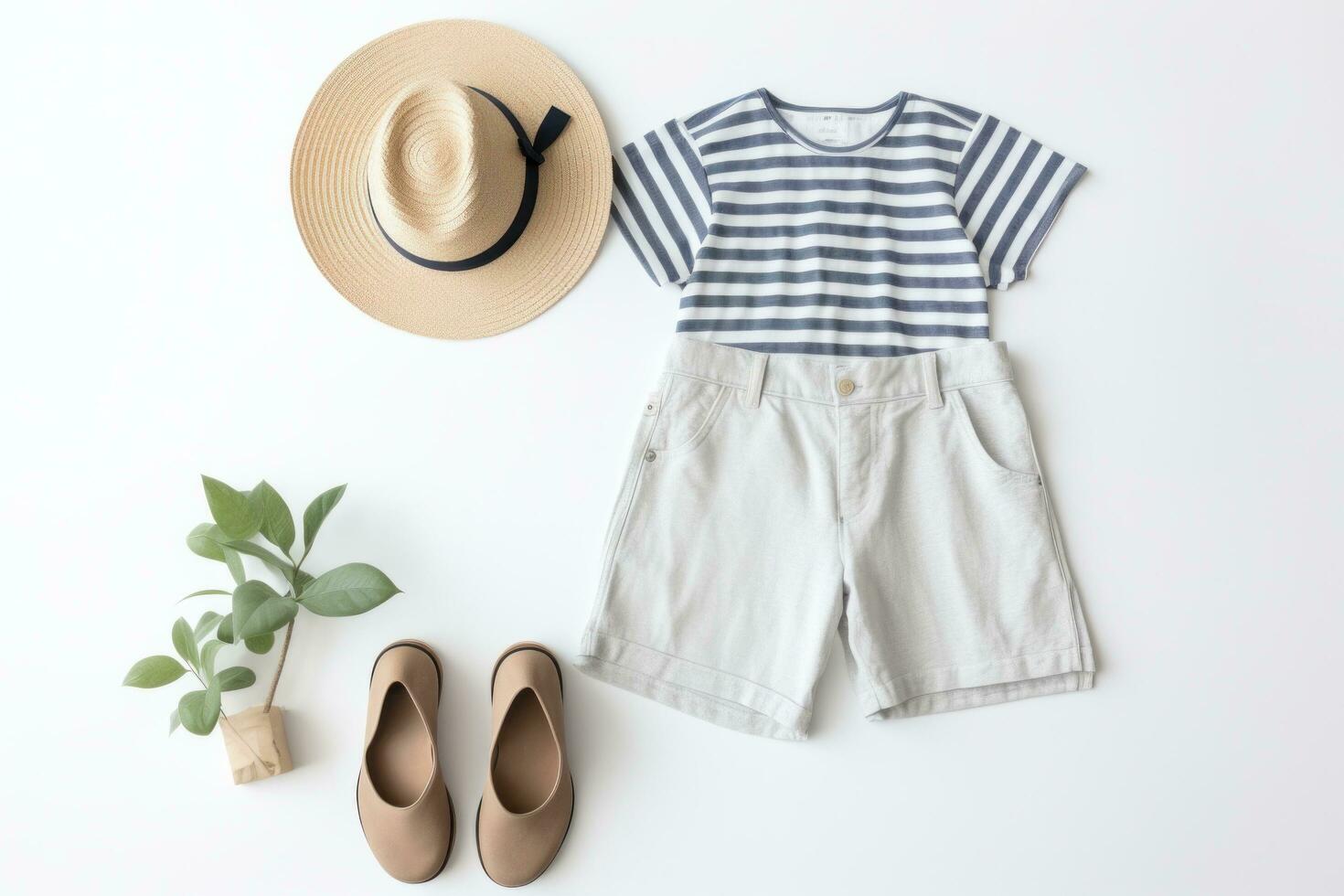 AI generated striped shorts, sandals and hat photo