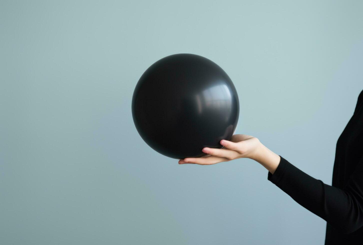 AI generated person pointing hands to a black balloon, photo