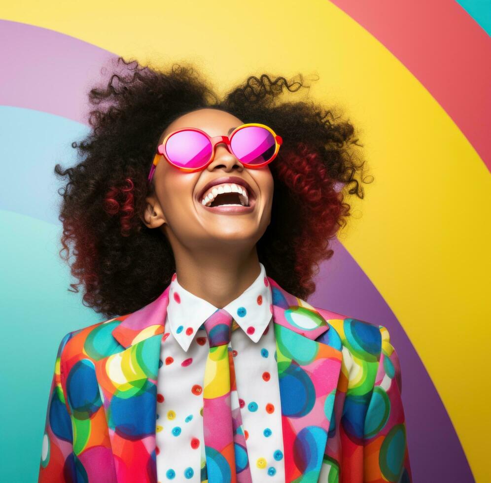 AI generated woman wearing a bright pink dress and a rainbow circle cologne photo