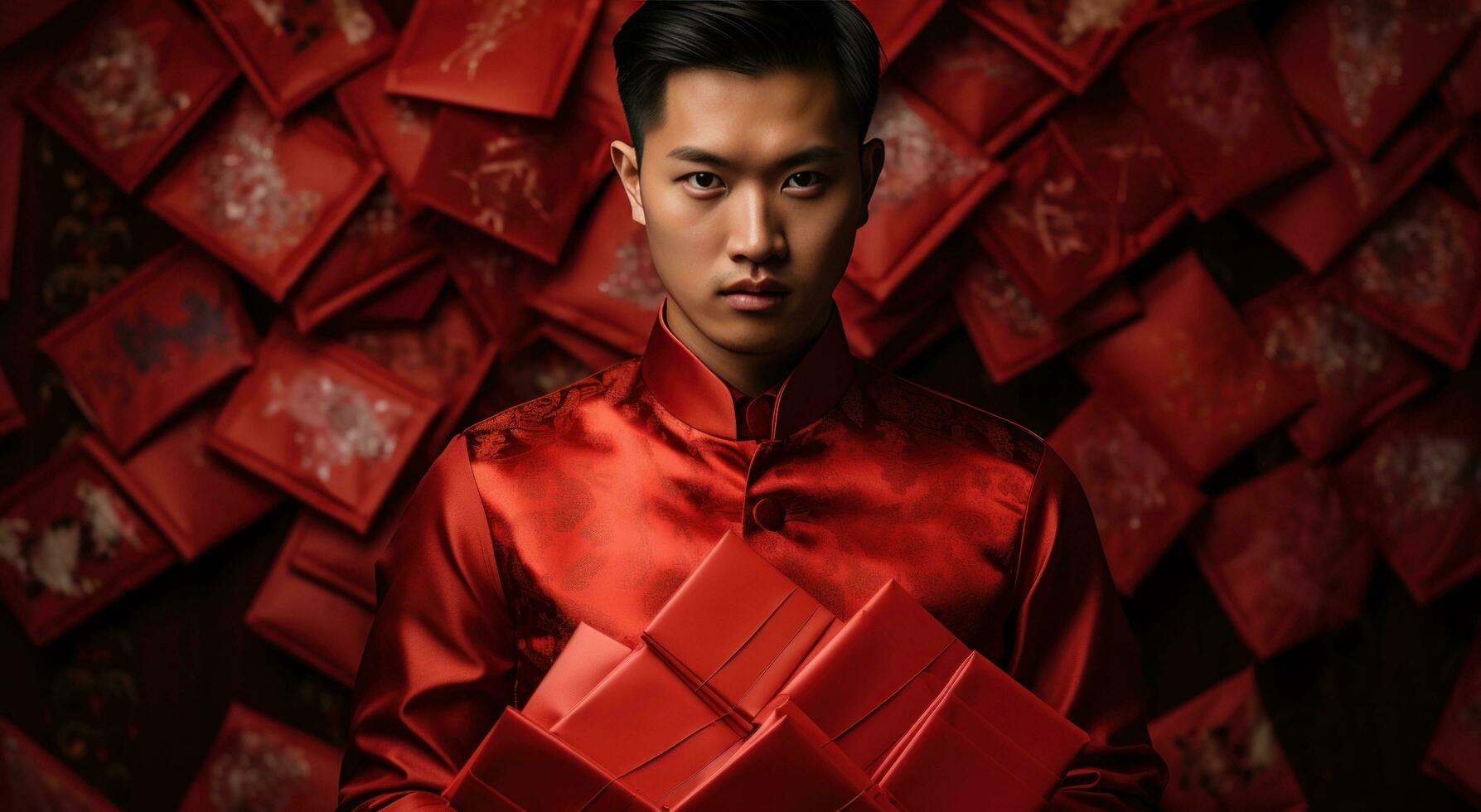 AI generated a chinese man wearing a red asian outfit with hand holding red paper squares photo