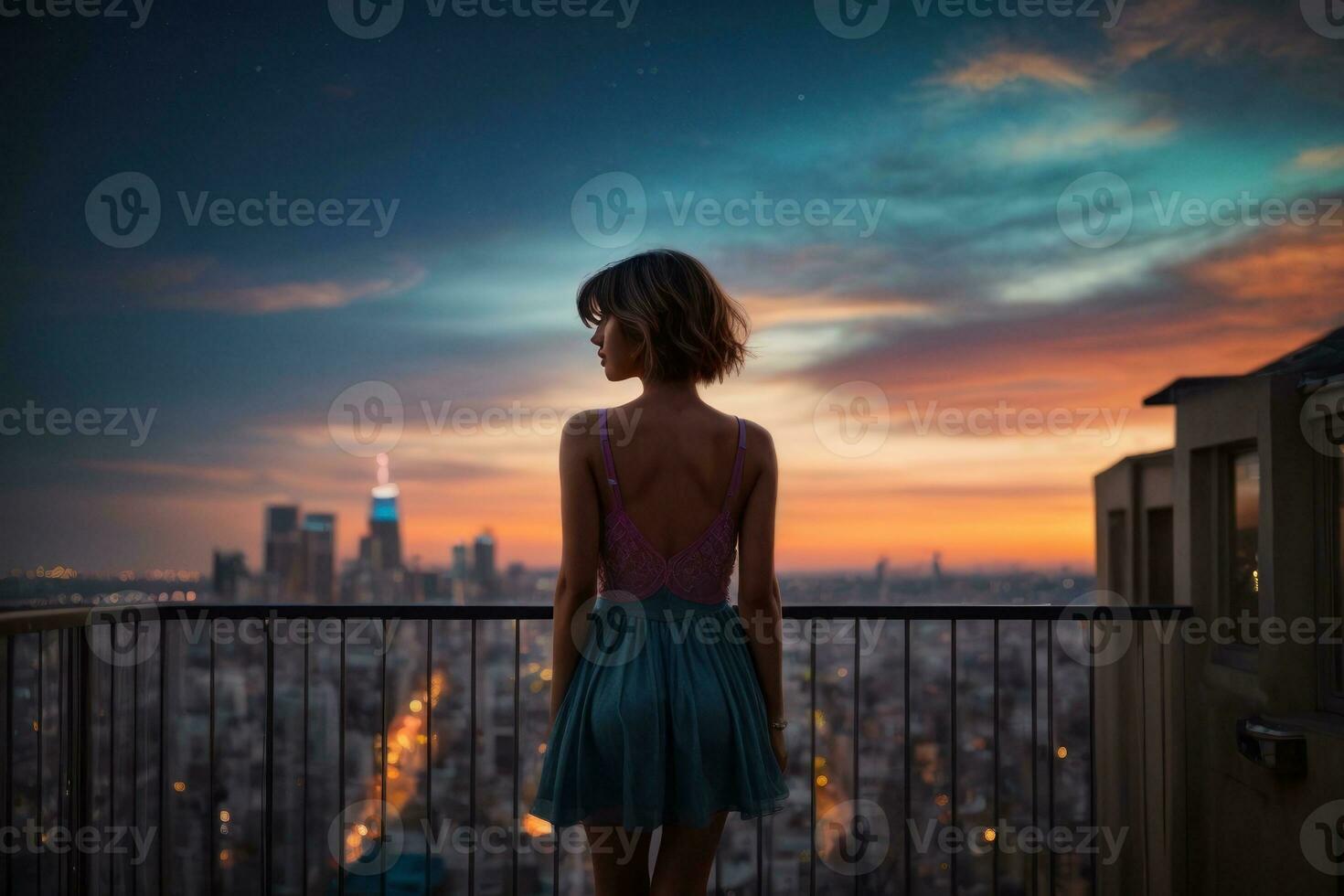 AI generated Nocturnal Reverie, Silhouette of a Girl Admiring the Night Cityscape Generative by AI photo