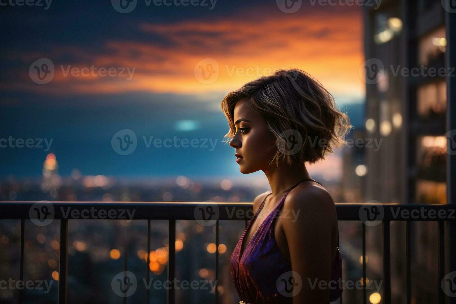 AI generated Nocturnal Reverie, Silhouette of a Girl Admiring the Night Cityscape Generative by AI photo