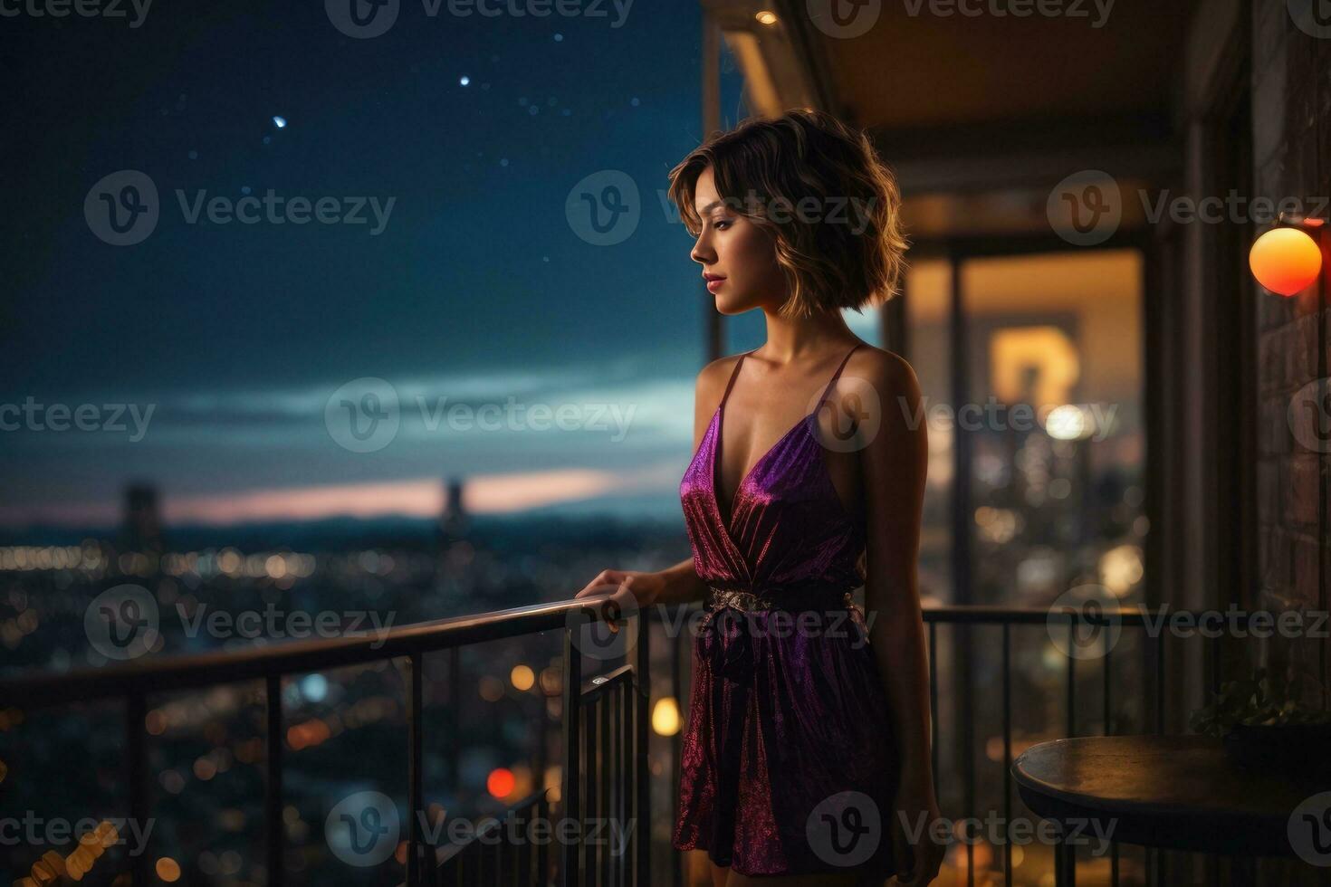 AI generated Nocturnal Reverie, Silhouette of a Girl Admiring the Night Cityscape Generative by AI photo