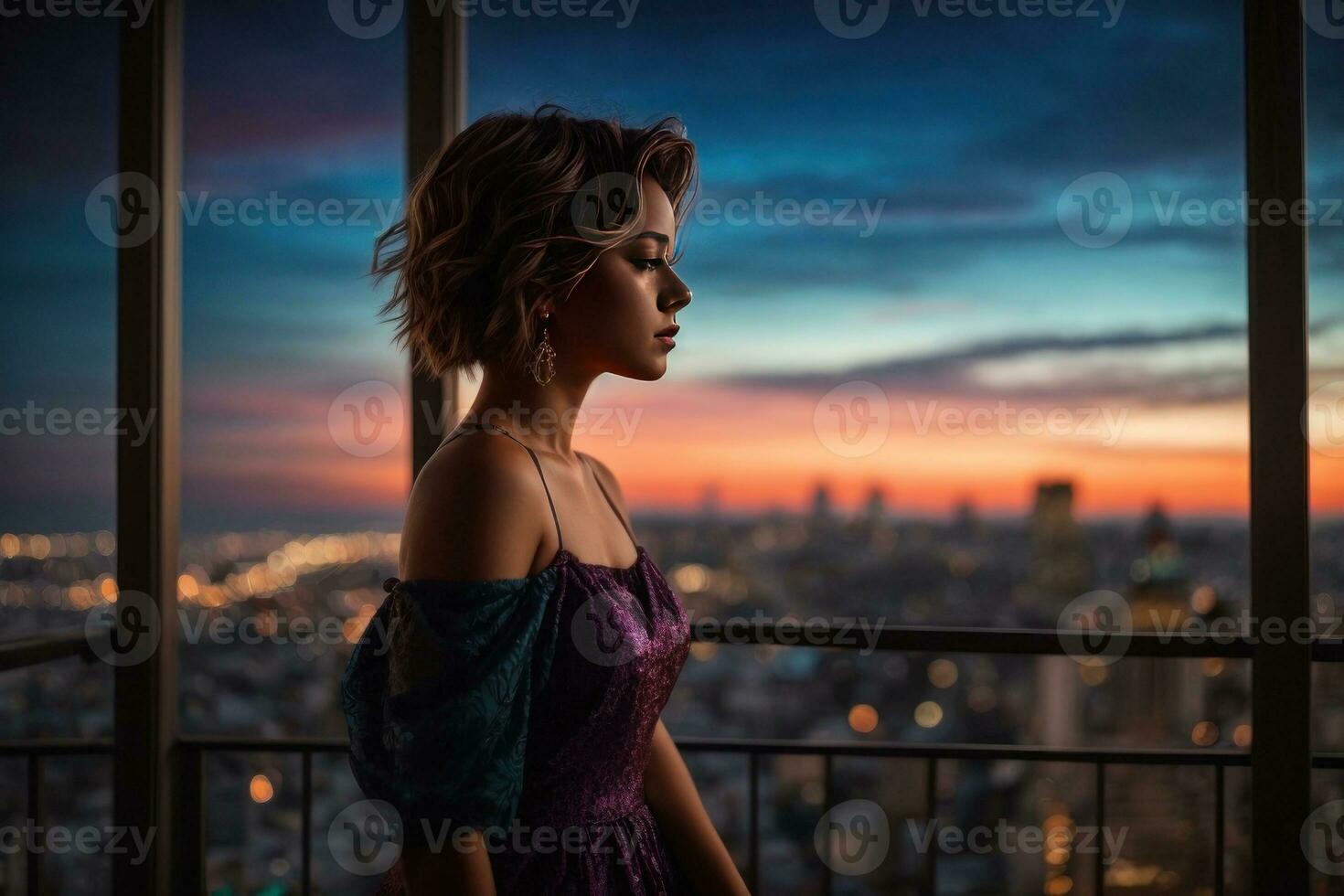AI generated Nocturnal Reverie, Silhouette of a Girl Admiring the Night Cityscape Generative by AI photo