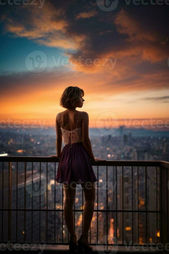 AI generated Nocturnal Reverie, Silhouette of a Girl Admiring the Night Cityscape Generative by AI photo