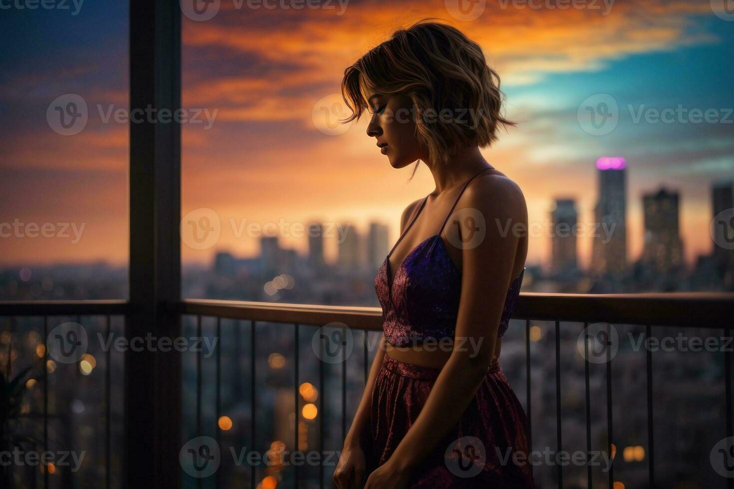 AI generated Nocturnal Reverie, Silhouette of a Girl Admiring the Night Cityscape Generative by AI photo