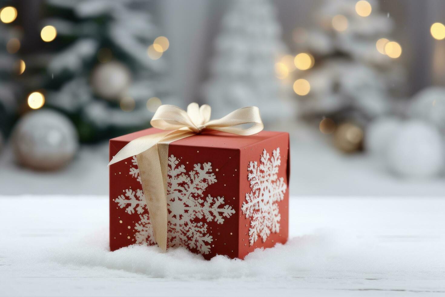 AI generated red gift box with christmas decorations sitting in a white wooden area photo