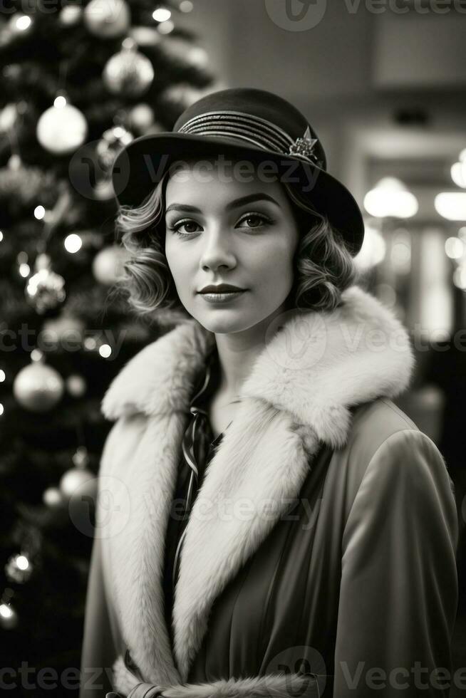 AI generated Retro Festivity 1920s Fashion Amidst a Christmas Tree Generative by AI photo