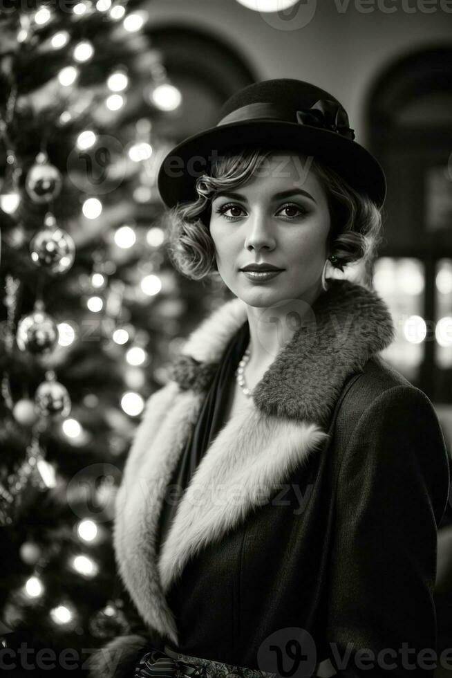 AI generated Retro Festivity 1920s Fashion Amidst a Christmas Tree Generative by AI photo