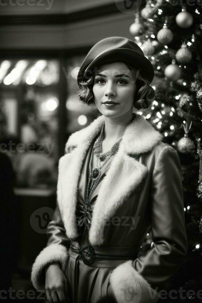 AI generated Retro Festivity 1920s Fashion Amidst a Christmas Tree Generative by AI photo