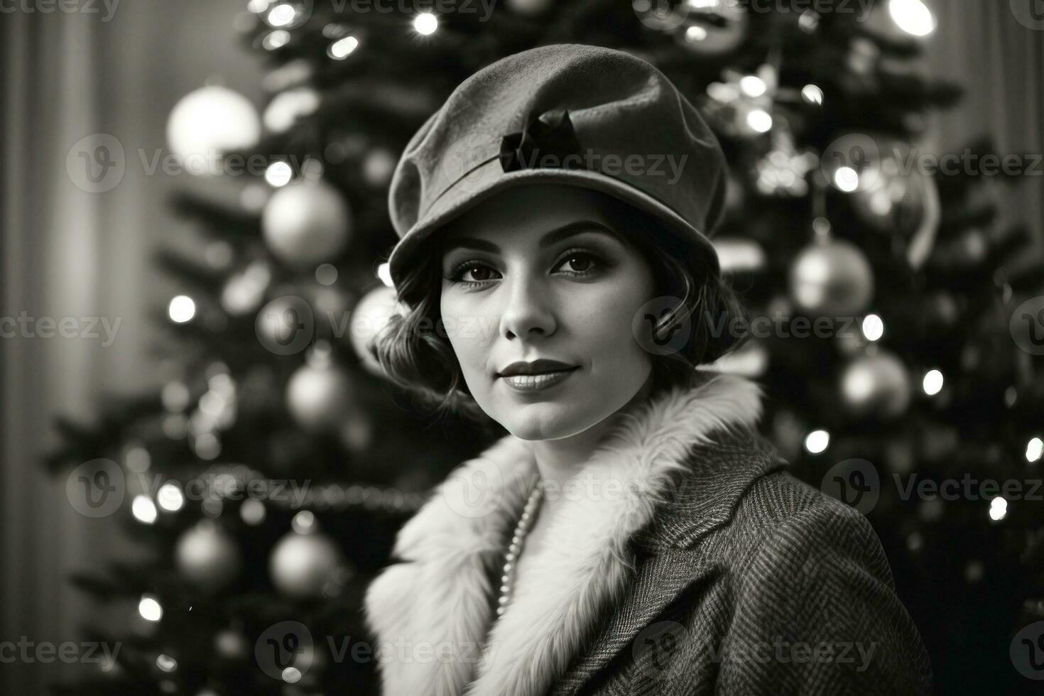 AI generated Retro Festivity 1920s Fashion Amidst a Christmas Tree Generative by AI photo