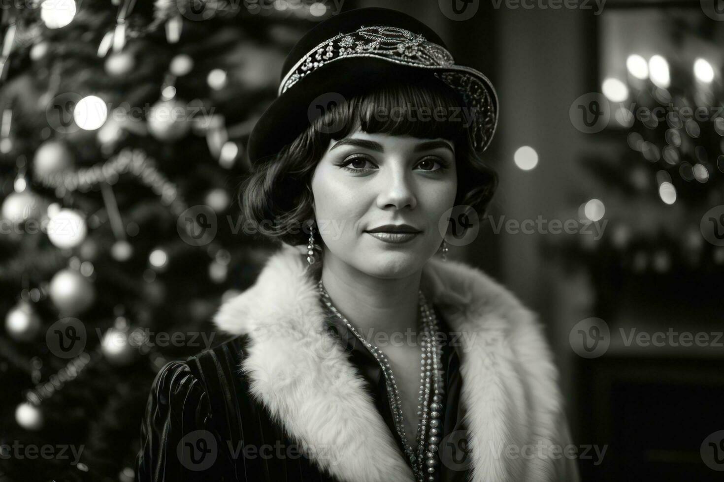 AI generated Retro Festivity 1920s Fashion Amidst a Christmas Tree Generative by AI photo