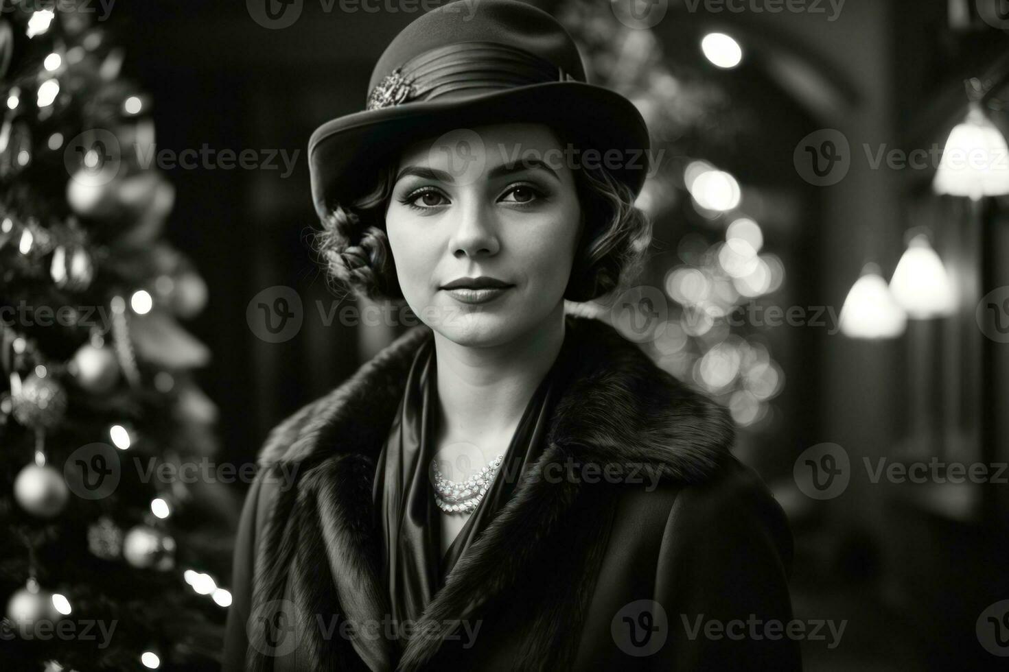 AI generated Retro Festivity 1920s Fashion Amidst a Christmas Tree Generative by AI photo