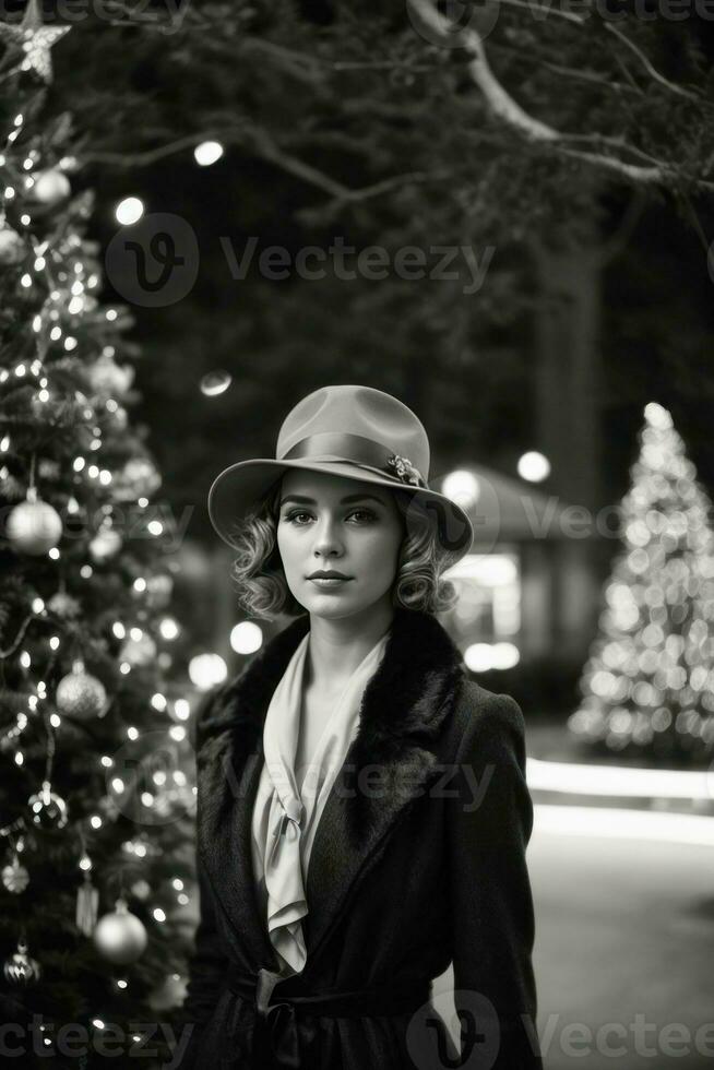 AI generated Retro Festivity 1920s Fashion Amidst a Christmas Tree Generative by AI photo