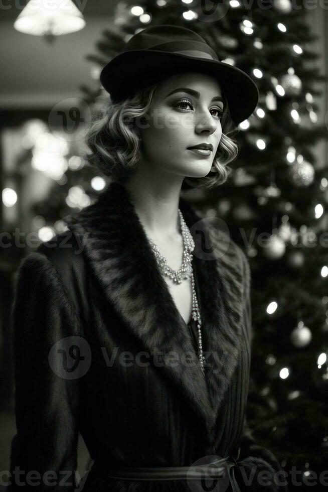 AI generated Retro Festivity 1920s Fashion Amidst a Christmas Tree Generative by AI photo