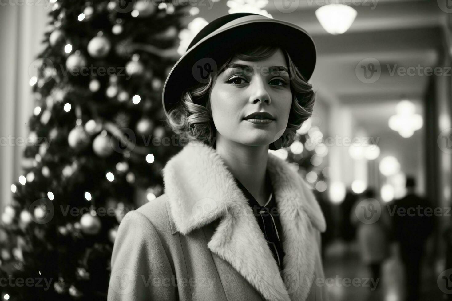 AI generated Retro Festivity 1920s Fashion Amidst a Christmas Tree Generative by AI photo