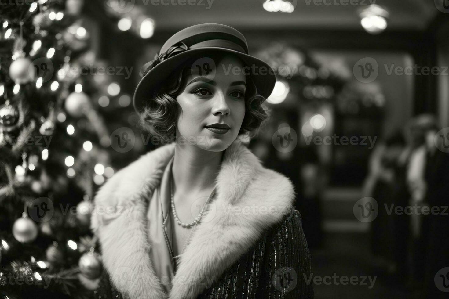 AI generated Retro Festivity 1920s Fashion Amidst a Christmas Tree Generative by AI photo