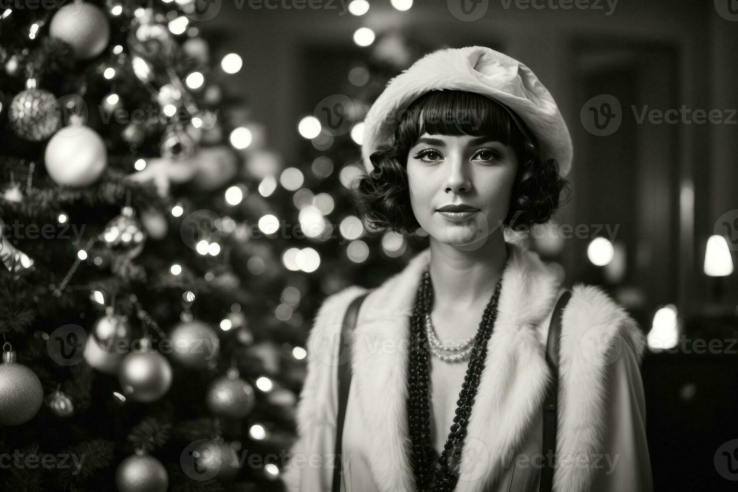 AI generated Retro Festivity 1920s Fashion Amidst a Christmas Tree Generative by AI photo