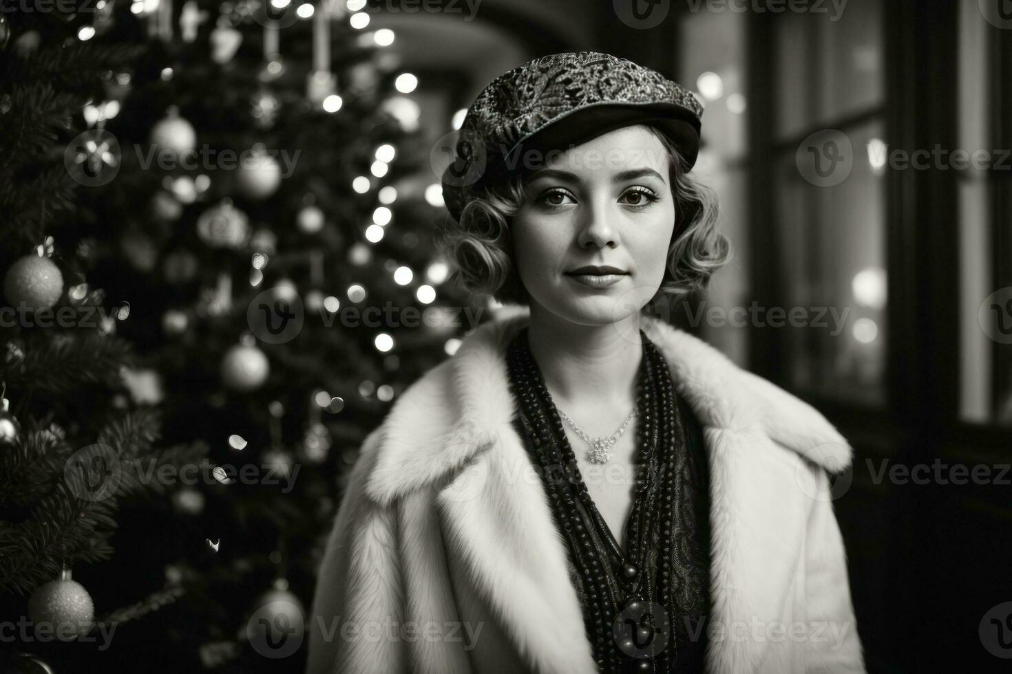 AI generated Retro Festivity 1920s Fashion Amidst a Christmas Tree Generative by AI photo