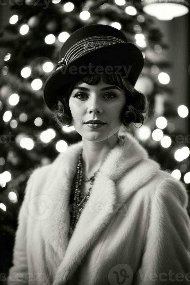 AI generated Retro Festivity 1920s Fashion Amidst a Christmas Tree Generative by AI photo