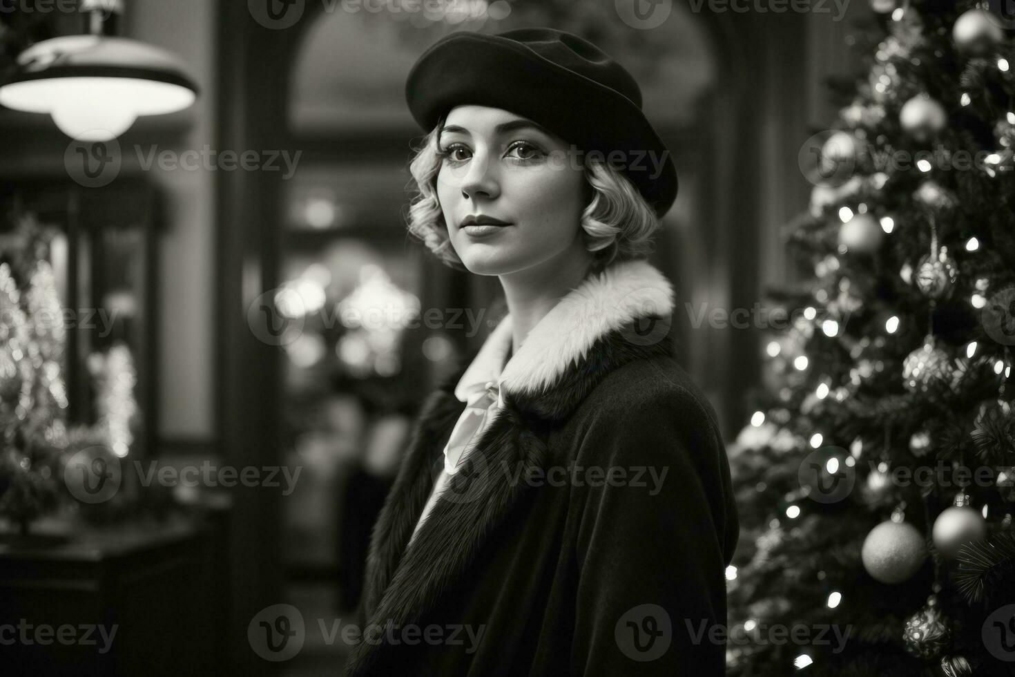 AI generated Retro Festivity 1920s Fashion Amidst a Christmas Tree Generative by AI photo