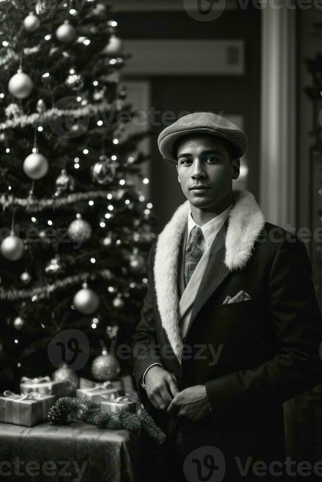 ai generado retro festividad 1920 Moda en medio de un Navidad árbol generativo por ai foto