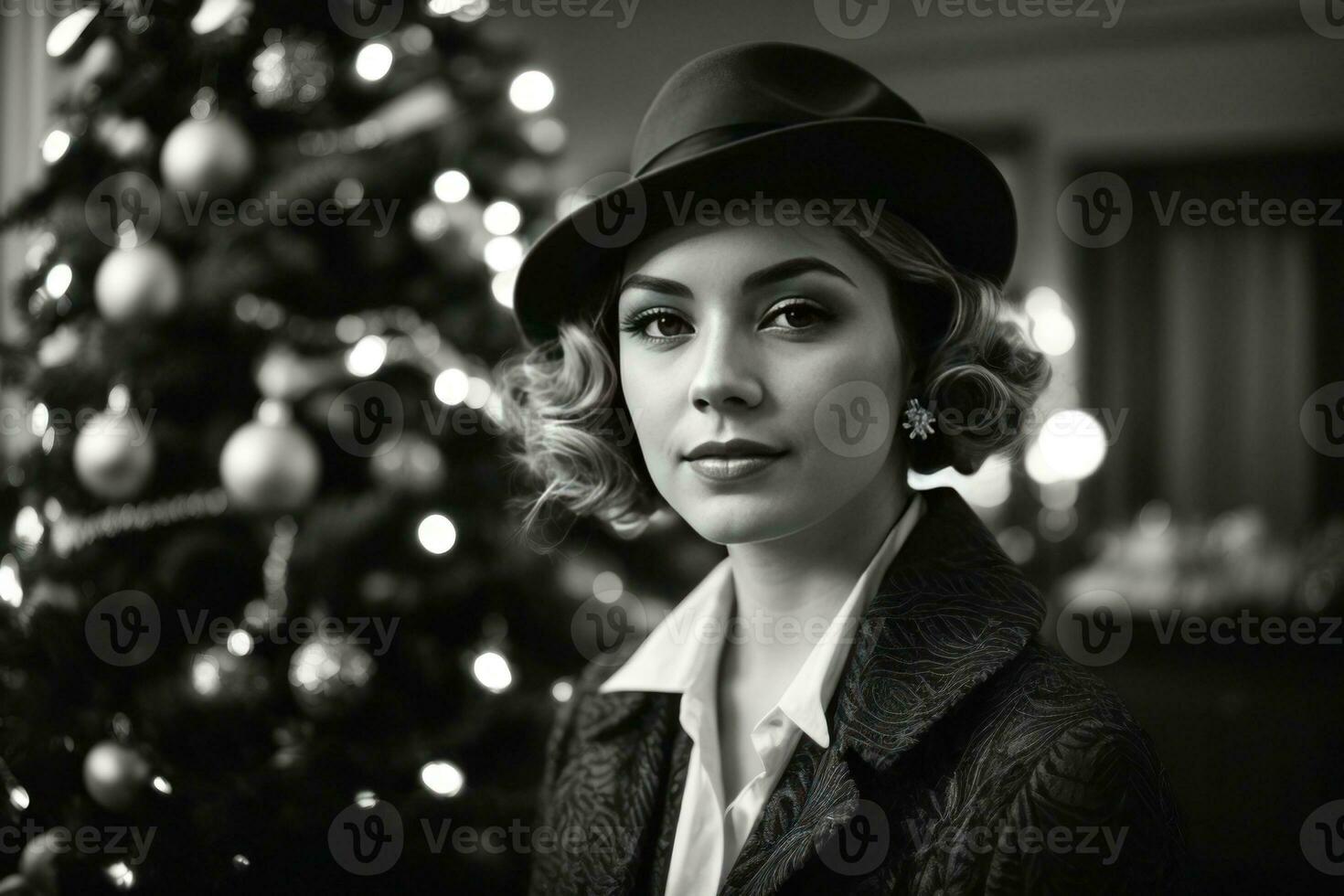 AI generated Retro Festivity 1920s Fashion Amidst a Christmas Tree Generative by AI photo