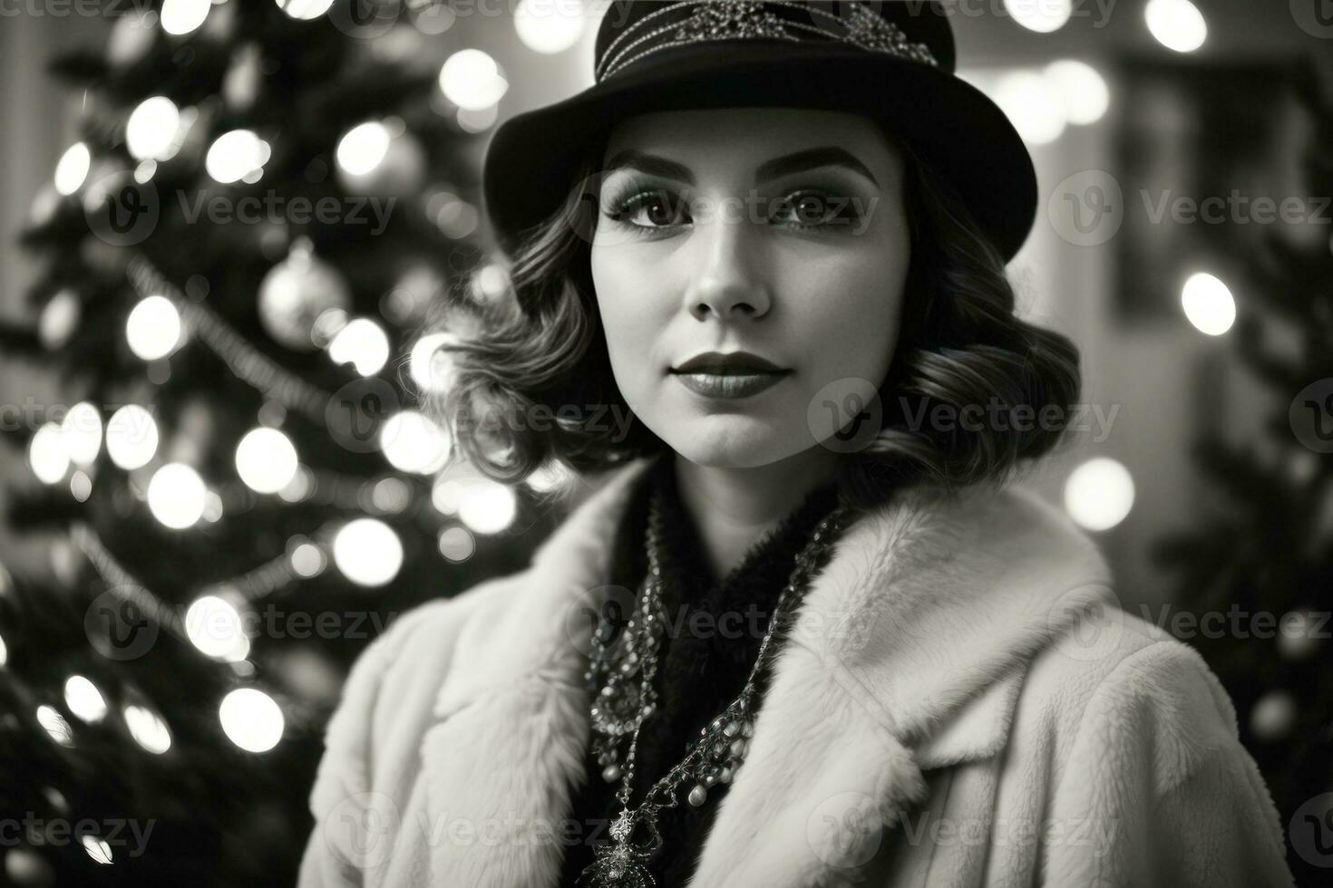 AI generated Retro Festivity 1920s Fashion Amidst a Christmas Tree Generative by AI photo