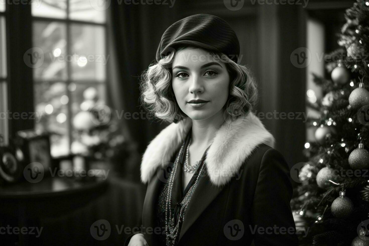 AI generated Retro Festivity 1920s Fashion Amidst a Christmas Tree Generative by AI photo