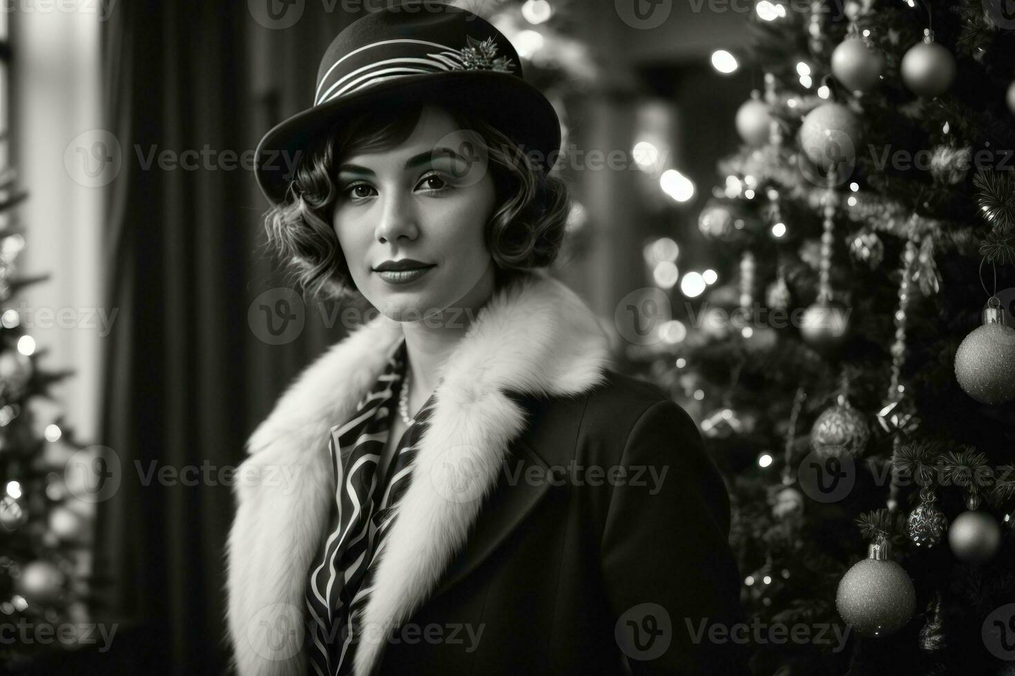 AI generated Retro Festivity 1920s Fashion Amidst a Christmas Tree Generative by AI photo