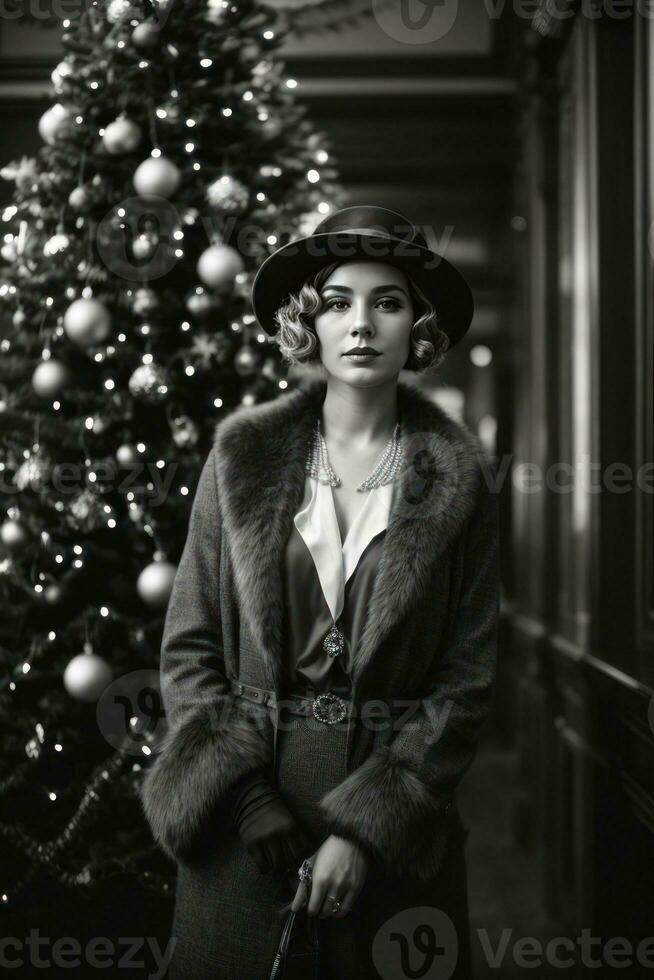 AI generated Retro Festivity 1920s Fashion Amidst a Christmas Tree Generative by AI photo