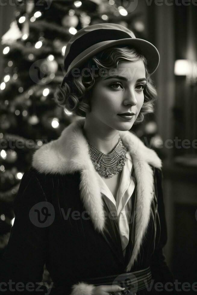 AI generated Retro Festivity 1920s Fashion Amidst a Christmas Tree Generative by AI photo