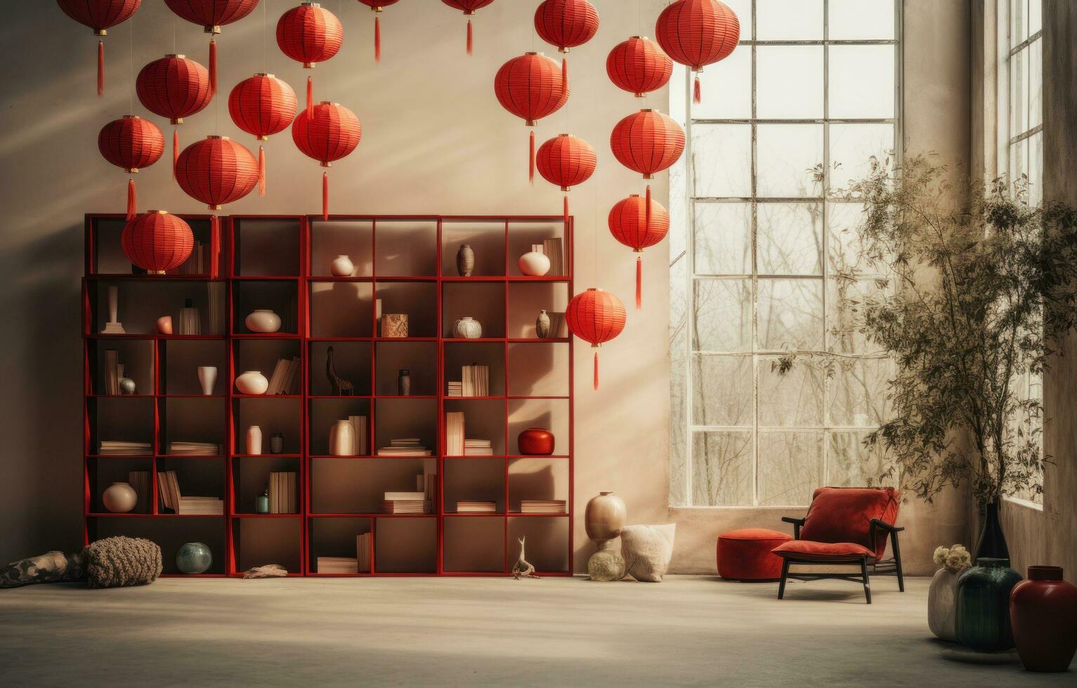 AI generated red chinese lanterns hanging on a window. photo