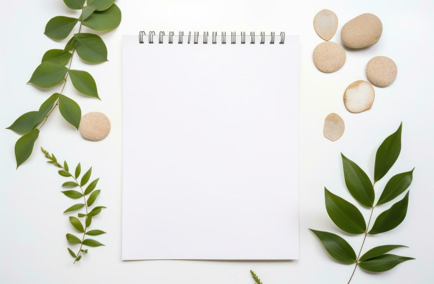 AI generated white background with empty notepad and green leaves around a white background photo