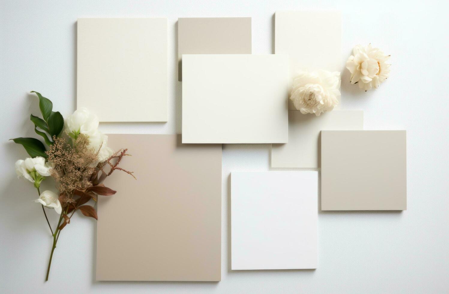 AI generated white background with empty notepad and green leaves around a white background photo