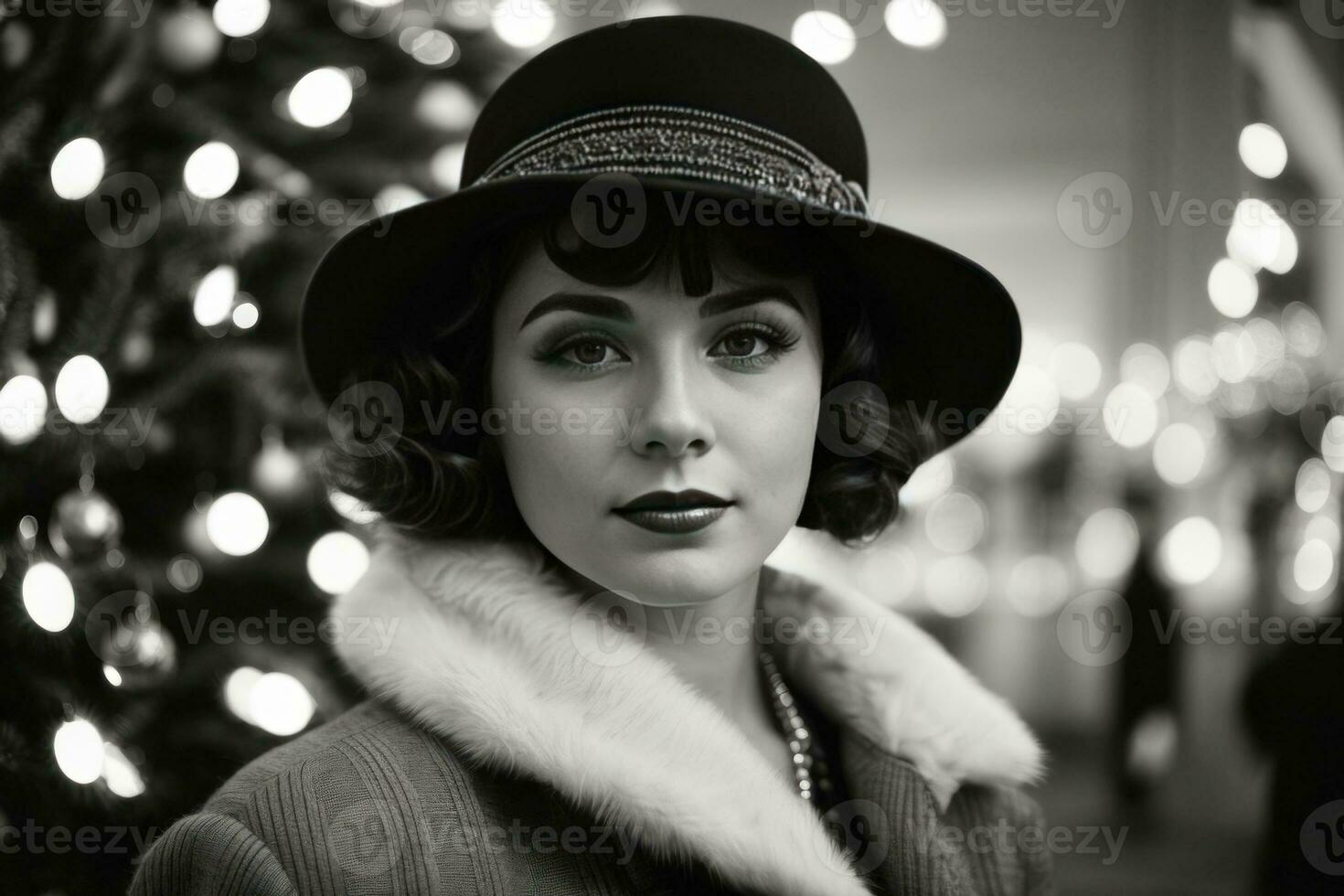 AI generated Retro Festivity 1920s Fashion Amidst a Christmas Tree photo