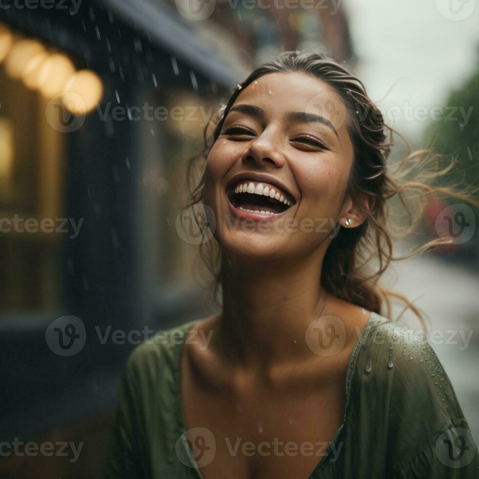AI generated Rainy Laughter Freeze Framed Joy in High Shutter Speed Generative by AI photo