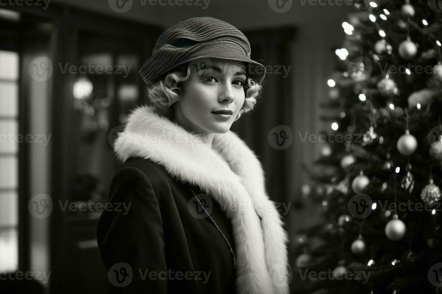 ai generado retro festividad 1920 Moda en medio de un Navidad árbol foto