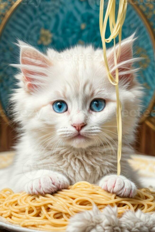 AI generated A cute White kitten sits at a table with a plate of spaghetti, in a cozy Generative by AI photo