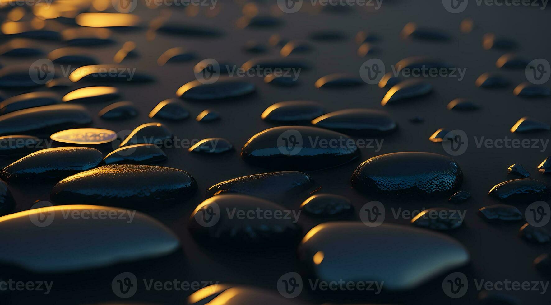 AI generated Smooth stones in a line on a beach at sunset with reflections vibrant sky colors Generative by AI photo