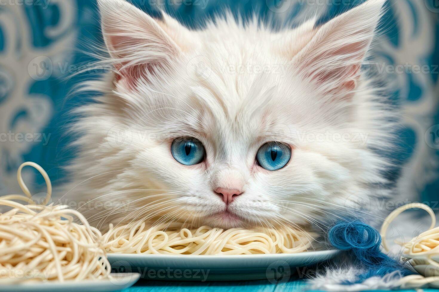 AI generated A cute White kitten sits at a table with a plate of spaghetti, in a cozy Generative by AI photo