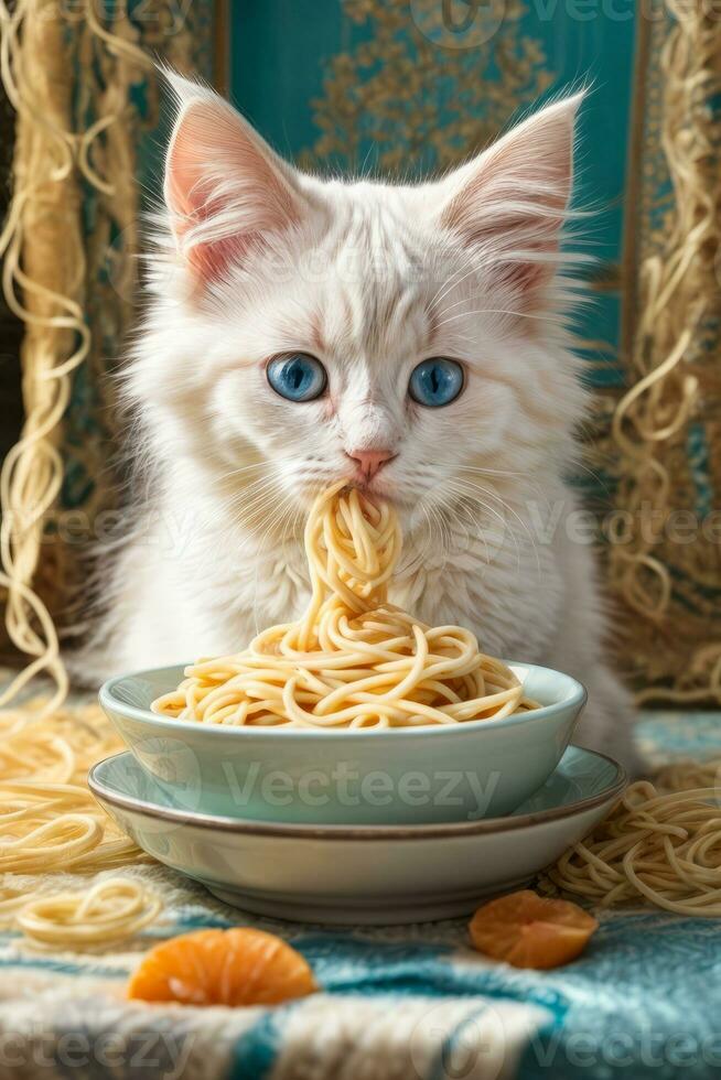 AI generated A cute White kitten sits at a table with a plate of spaghetti, in a cozy Generative by AI photo